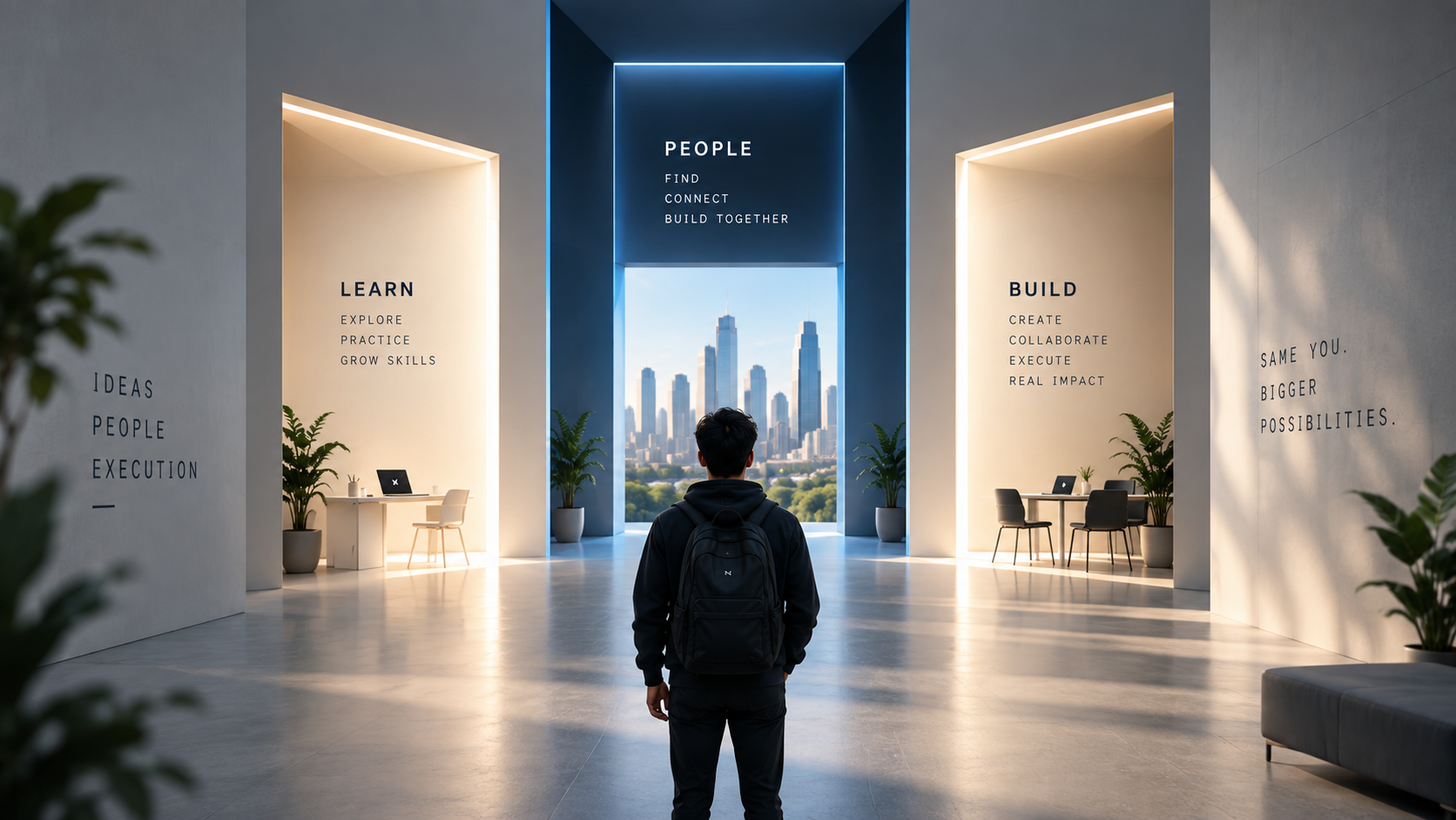 A person with a backpack standing before three doorways labelled Learn, People and Build, with a city skyline visible through the central doorway